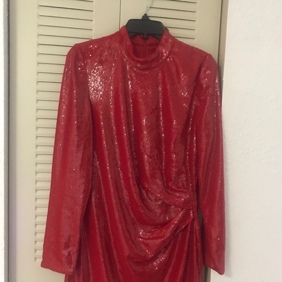 Halston Heritage Emely Mock Neck Sequined Red Dress NWT - Original $445 - Sz. 14 - Picture 8 of 10